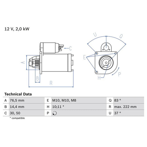 Bosch starter motor - 12v, 2.2kw
